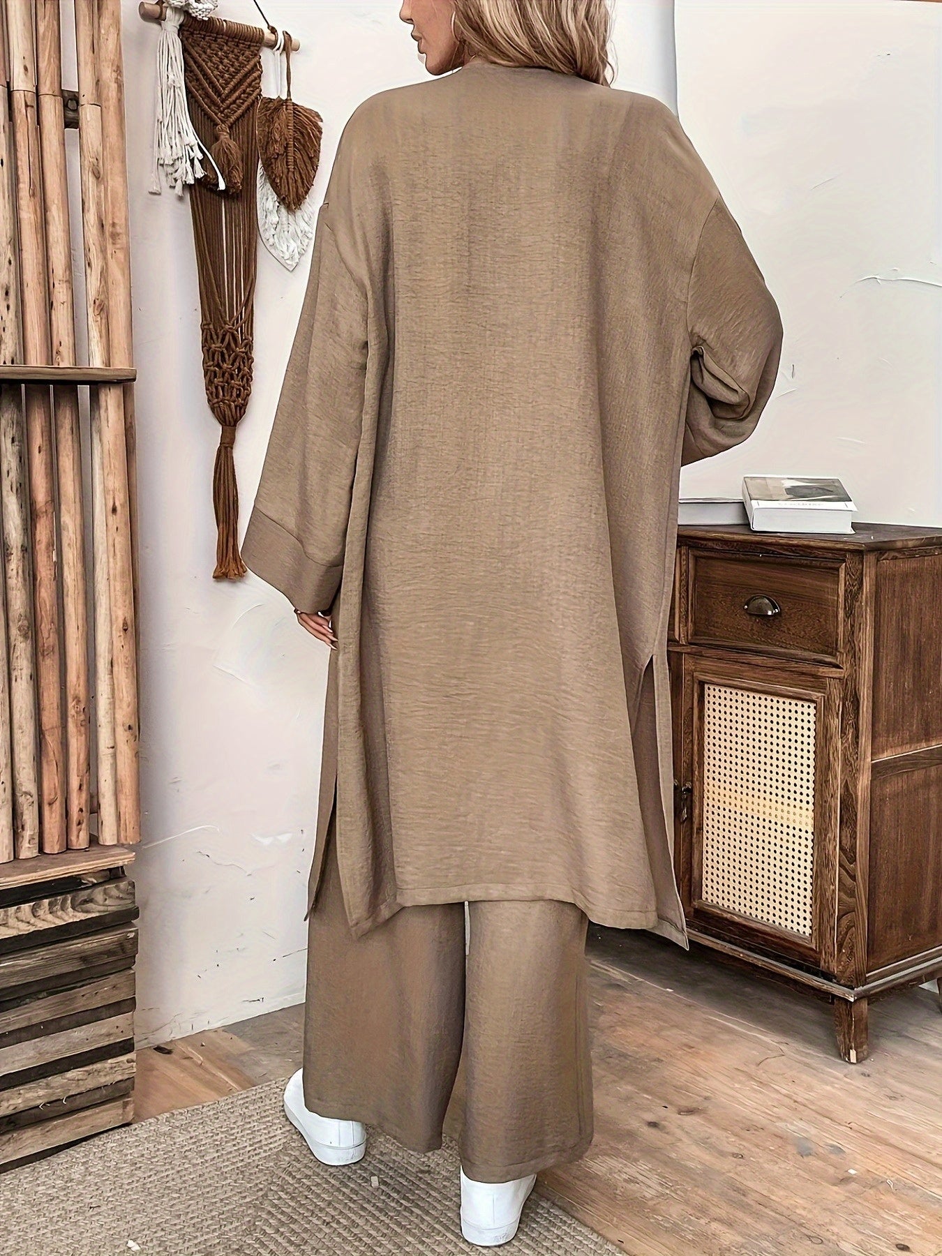 Women's Casual Loose Fit Shirt and Pants Set, Elegant Solid Color Long Sleeve Button-Up with Wide Leg Trousers, Button Detailing|Relaxed Fit|Buttonup Jacket