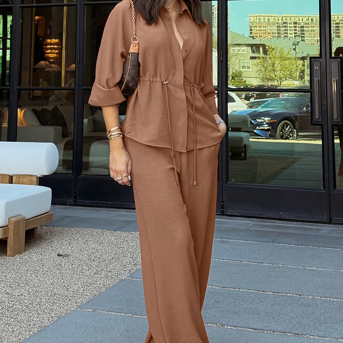 Elegant Women'S Pants Set with Solid Color, Three-Quarter Sleeves, Turn- Collar, Drawstring Design, Casual Loose Top, All-Season Wear, Casual Attire|Elegant Pantsuit|Drawstring Detail
