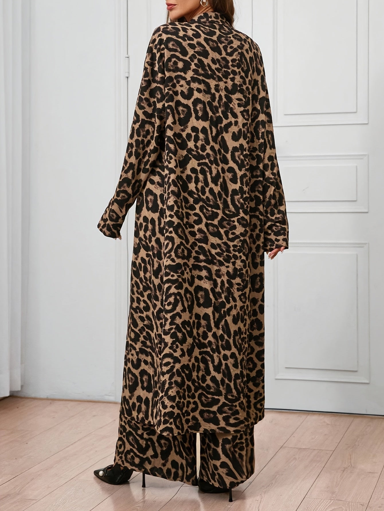 Women'S Elegant Leopard Print Two-Piece Set - Long Sleeve Blazer & Wide-Leg Pants, Button-Up with Lapel Collar, Perfect for Spring & Fall, Casual Attire|Leopard Print Blazer|Buttonup Blazer