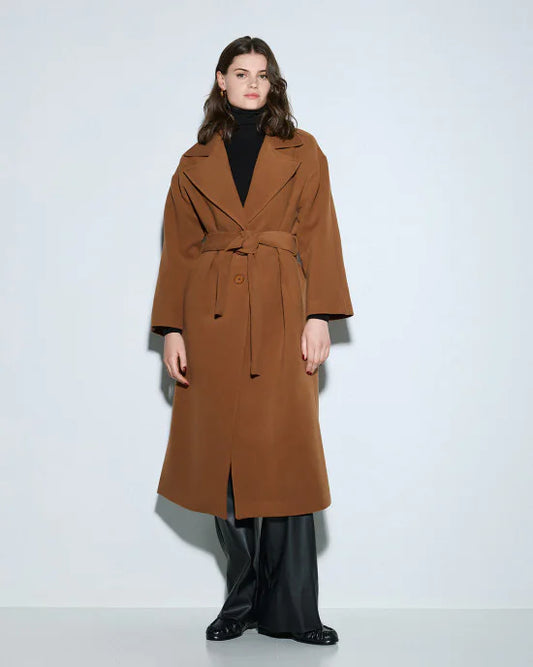 Long coat with tie belt
