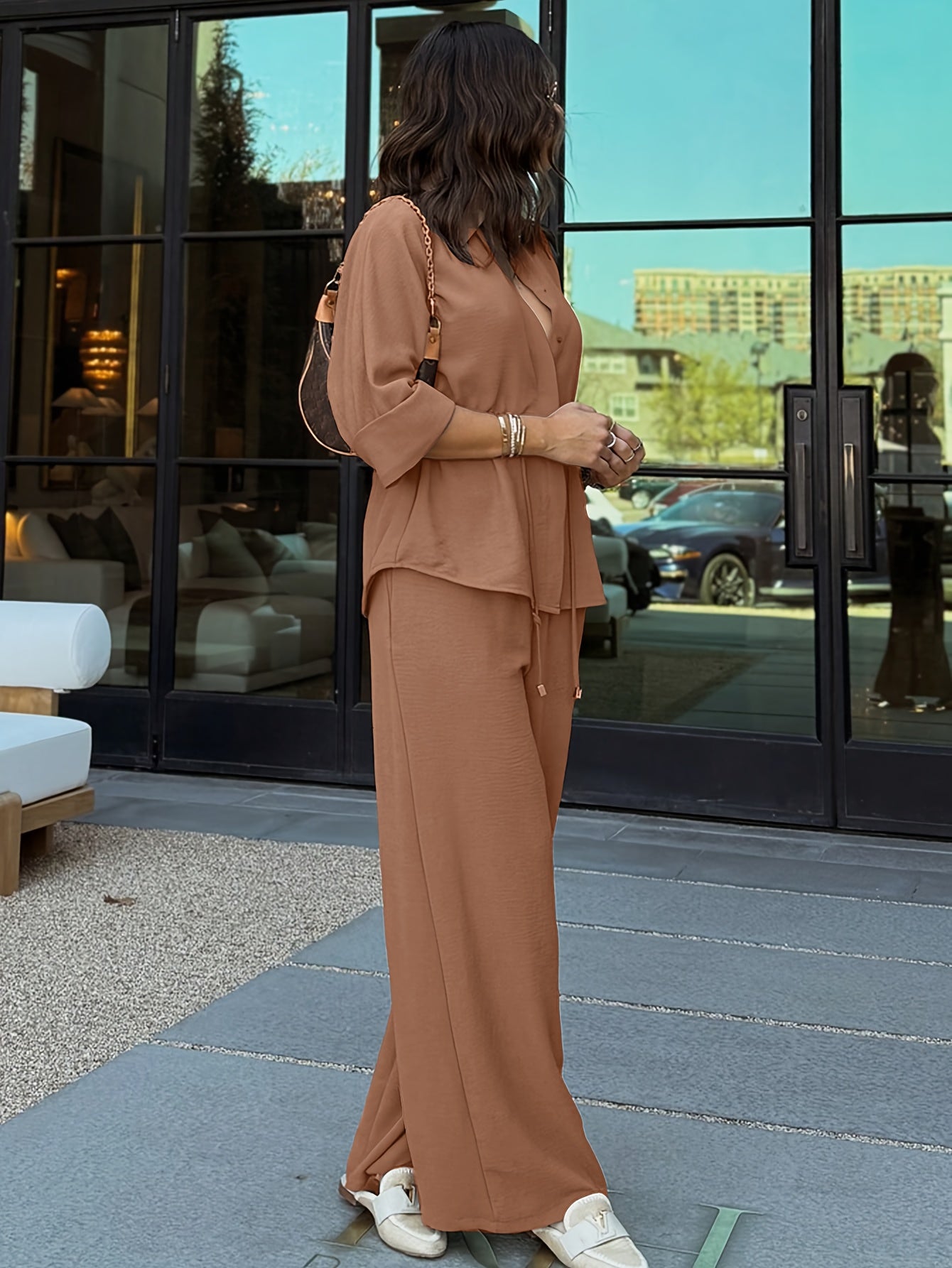 Elegant Women'S Pants Set with Solid Color, Three-Quarter Sleeves, Turn- Collar, Drawstring Design, Casual Loose Top, All-Season Wear, Casual Attire|Elegant Pantsuit|Drawstring Detail