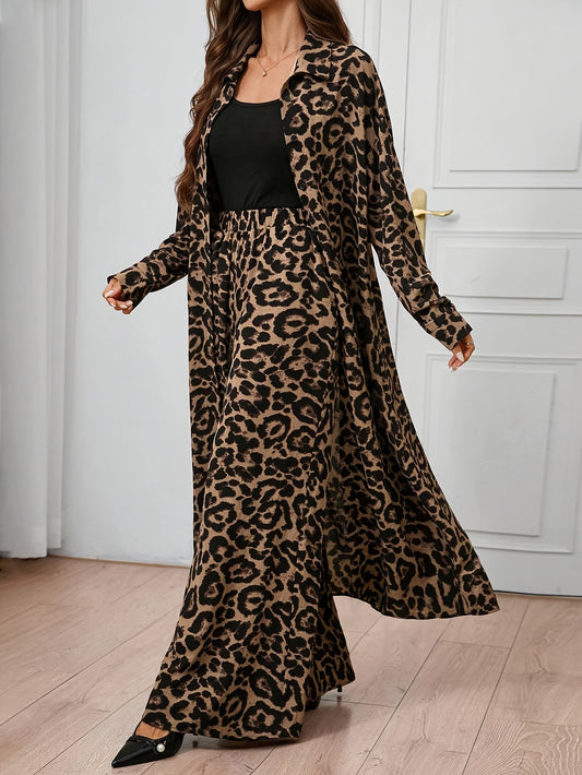 Women'S Elegant Leopard Print Two-Piece Set - Long Sleeve Blazer & Wide-Leg Pants, Button-Up with Lapel Collar, Perfect for Spring & Fall, Casual Attire|Leopard Print Blazer|Buttonup Blazer