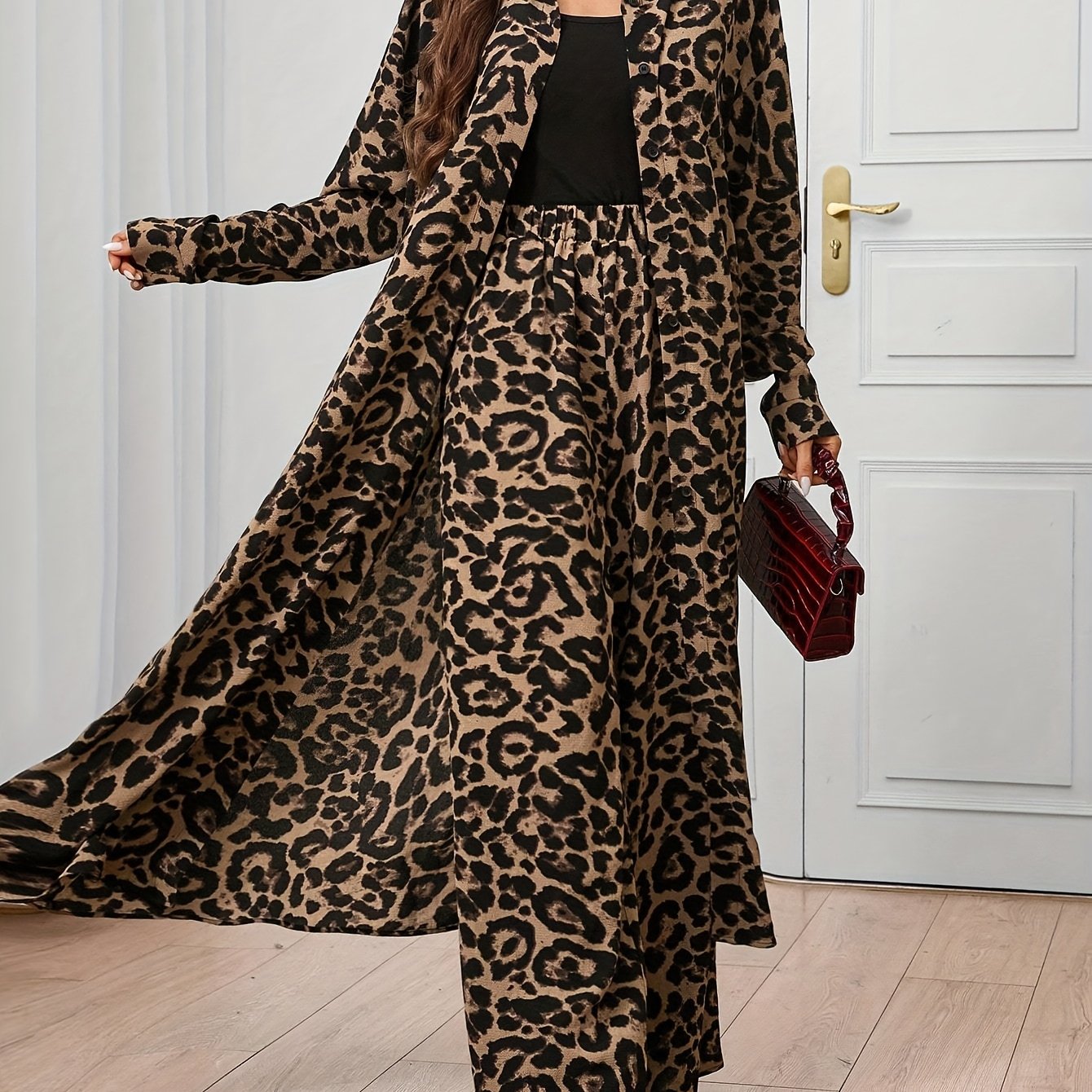 Women'S Elegant Leopard Print Two-Piece Set - Long Sleeve Blazer & Wide-Leg Pants, Button-Up with Lapel Collar, Perfect for Spring & Fall, Casual Attire|Leopard Print Blazer|Buttonup Blazer