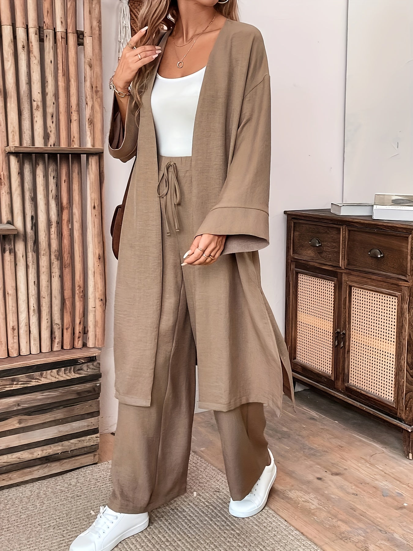 Women's Casual Loose Fit Shirt and Pants Set, Elegant Solid Color Long Sleeve Button-Up with Wide Leg Trousers, Button Detailing|Relaxed Fit|Buttonup Jacket