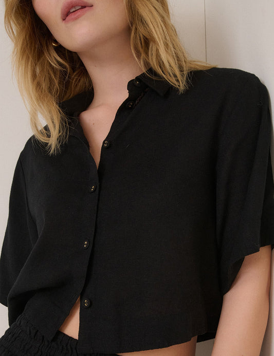 Black Linen-Blend Cropped Shirt