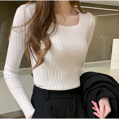 Square Neck Sweater Long Sleeve Slim Casual Knitted Pullovers