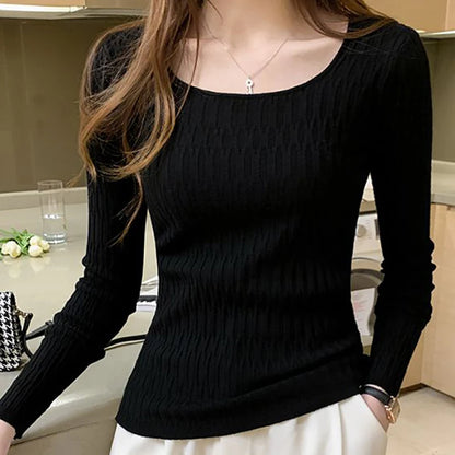 Square Neck Sweater Long Sleeve Slim Casual Knitted Pullovers