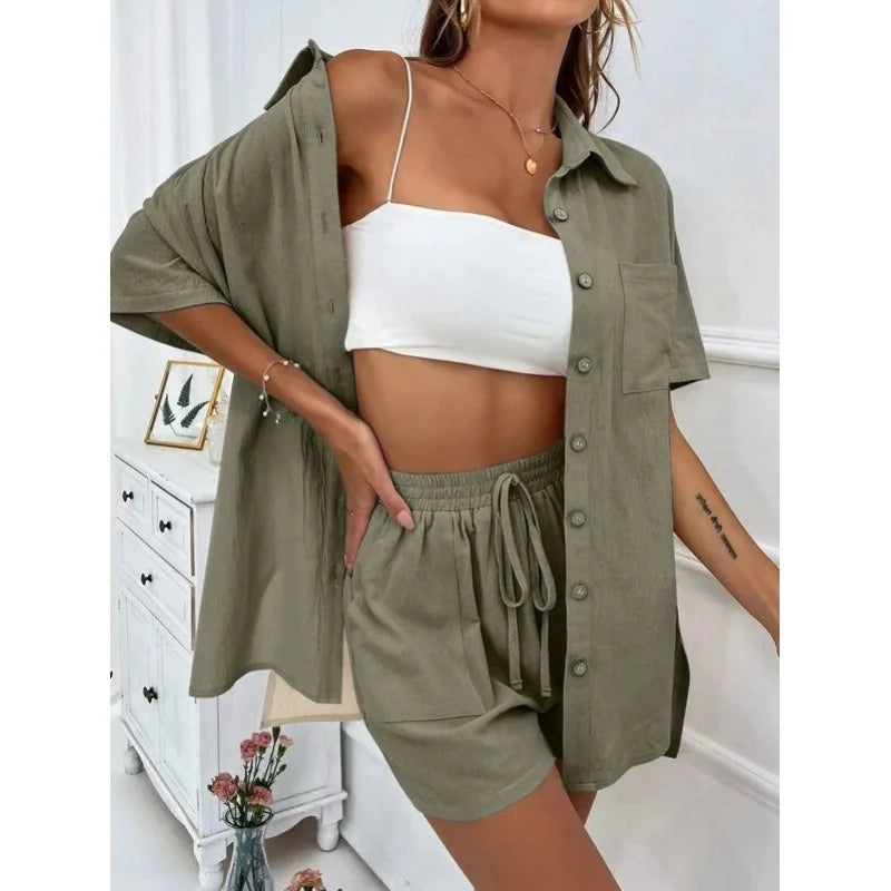 Fashion Black Short Sleeve Shirt And Shorts Two Piece Sets Women 2025 Summer Cotton Linen Casual Home 2 Piece Sets Women Outfit