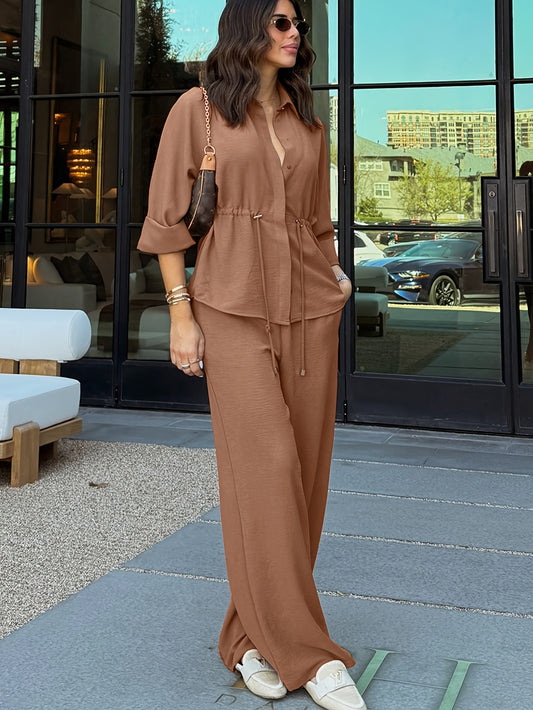 Elegant Women'S Pants Set with Solid Color, Three-Quarter Sleeves, Turn- Collar, Drawstring Design, Casual Loose Top, All-Season Wear, Casual Attire|Elegant Pantsuit|Drawstring Detail