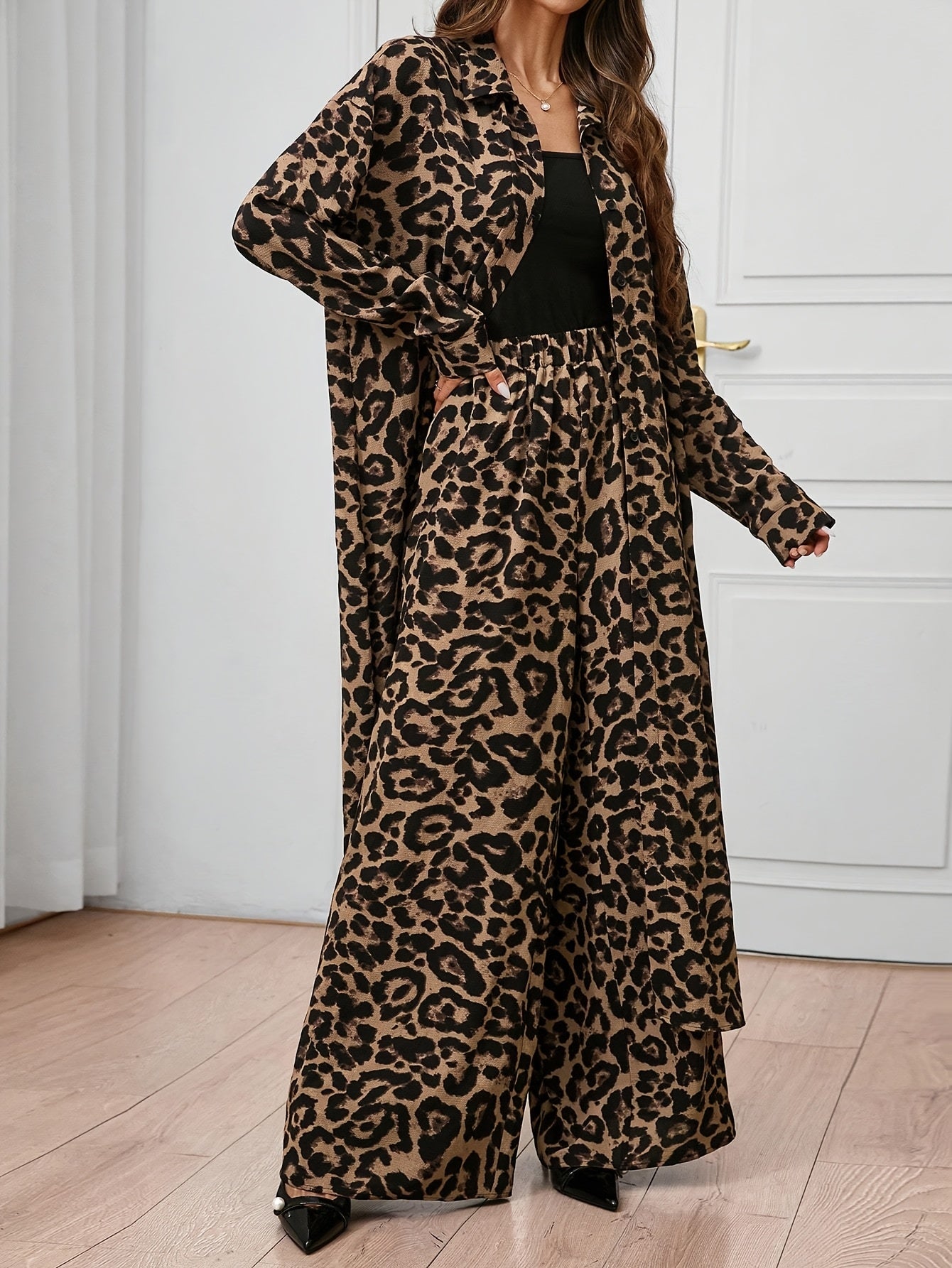 Women'S Elegant Leopard Print Two-Piece Set - Long Sleeve Blazer & Wide-Leg Pants, Button-Up with Lapel Collar, Perfect for Spring & Fall, Casual Attire|Leopard Print Blazer|Buttonup Blazer