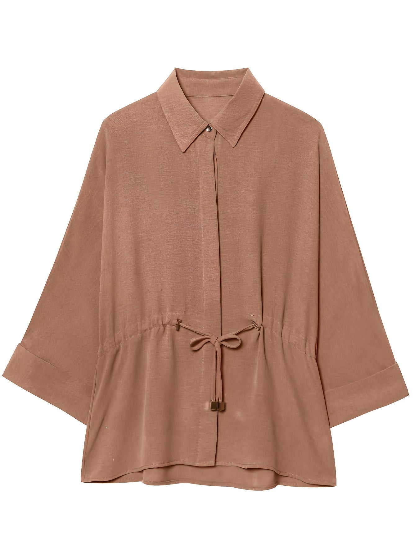 Elegant Women'S Pants Set with Solid Color, Three-Quarter Sleeves, Turn- Collar, Drawstring Design, Casual Loose Top, All-Season Wear, Casual Attire|Elegant Pantsuit|Drawstring Detail