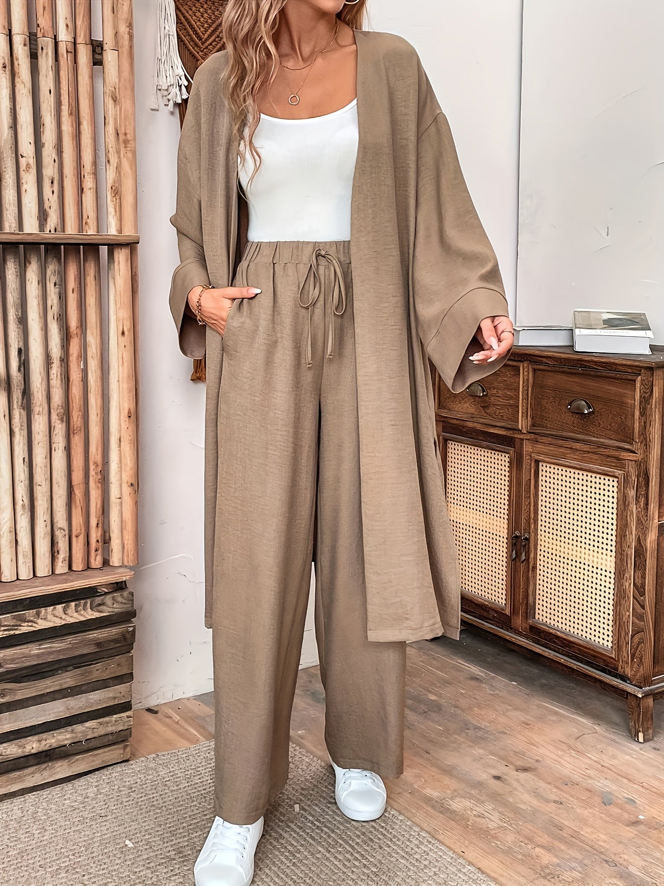 Women's Casual Loose Fit Shirt and Pants Set, Elegant Solid Color Long Sleeve Button-Up with Wide Leg Trousers, Button Detailing|Relaxed Fit|Buttonup Jacket
