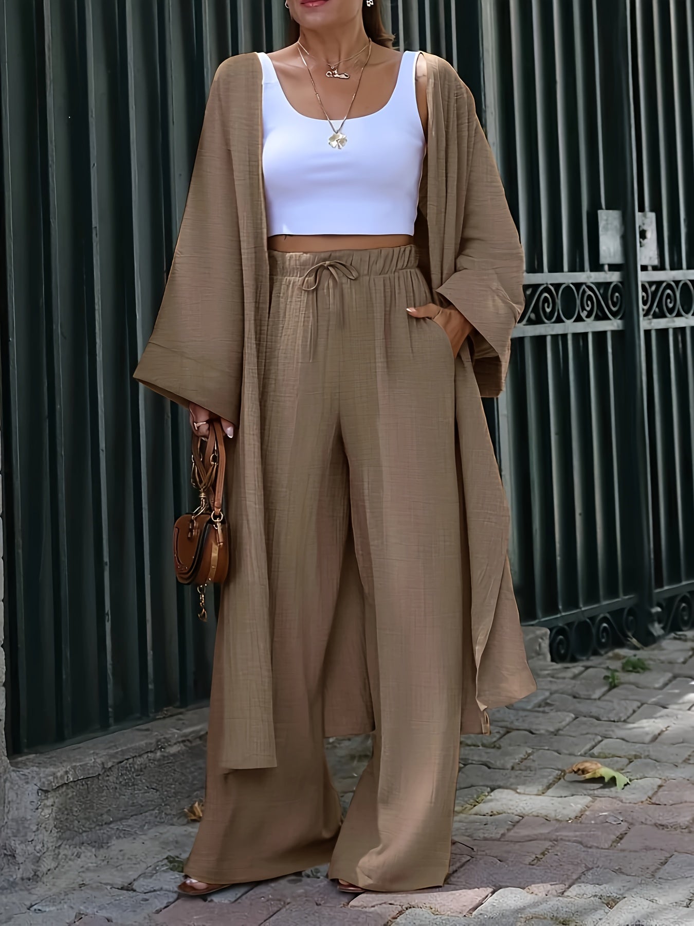Women's Casual Loose Fit Shirt and Pants Set, Elegant Solid Color Long Sleeve Button-Up with Wide Leg Trousers, Button Detailing|Relaxed Fit|Buttonup Jacket