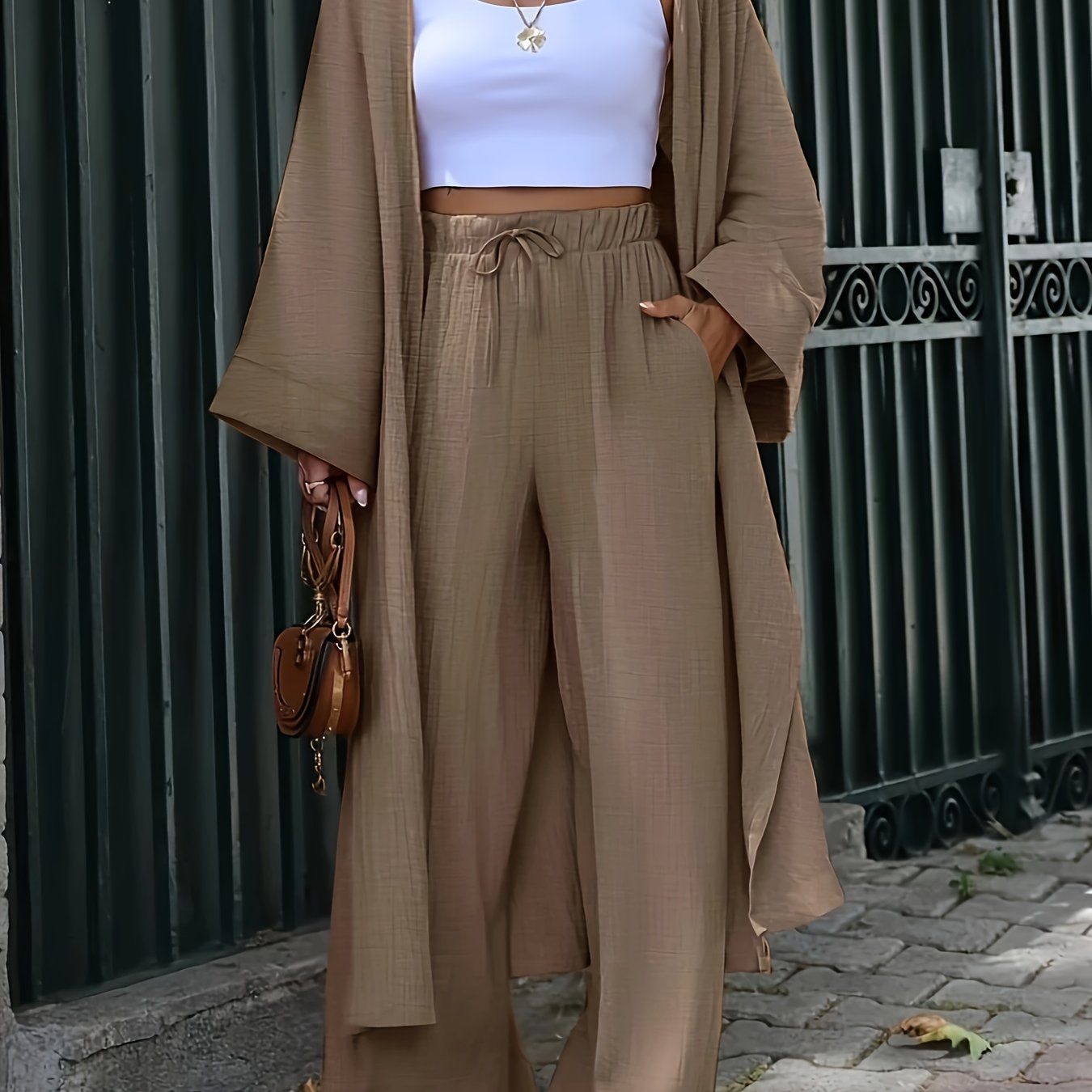 Women's Casual Loose Fit Shirt and Pants Set, Elegant Solid Color Long Sleeve Button-Up with Wide Leg Trousers, Button Detailing|Relaxed Fit|Buttonup Jacket
