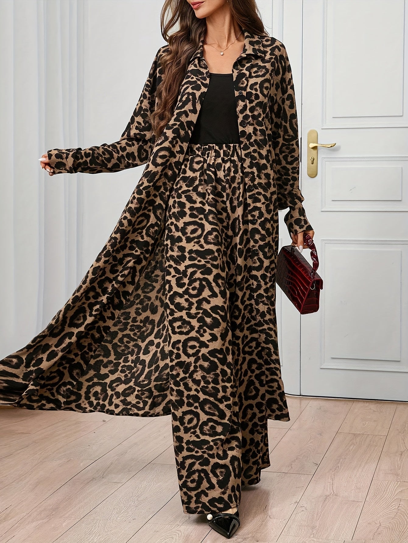 Women'S Elegant Leopard Print Two-Piece Set - Long Sleeve Blazer & Wide-Leg Pants, Button-Up with Lapel Collar, Perfect for Spring & Fall, Casual Attire|Leopard Print Blazer|Buttonup Blazer