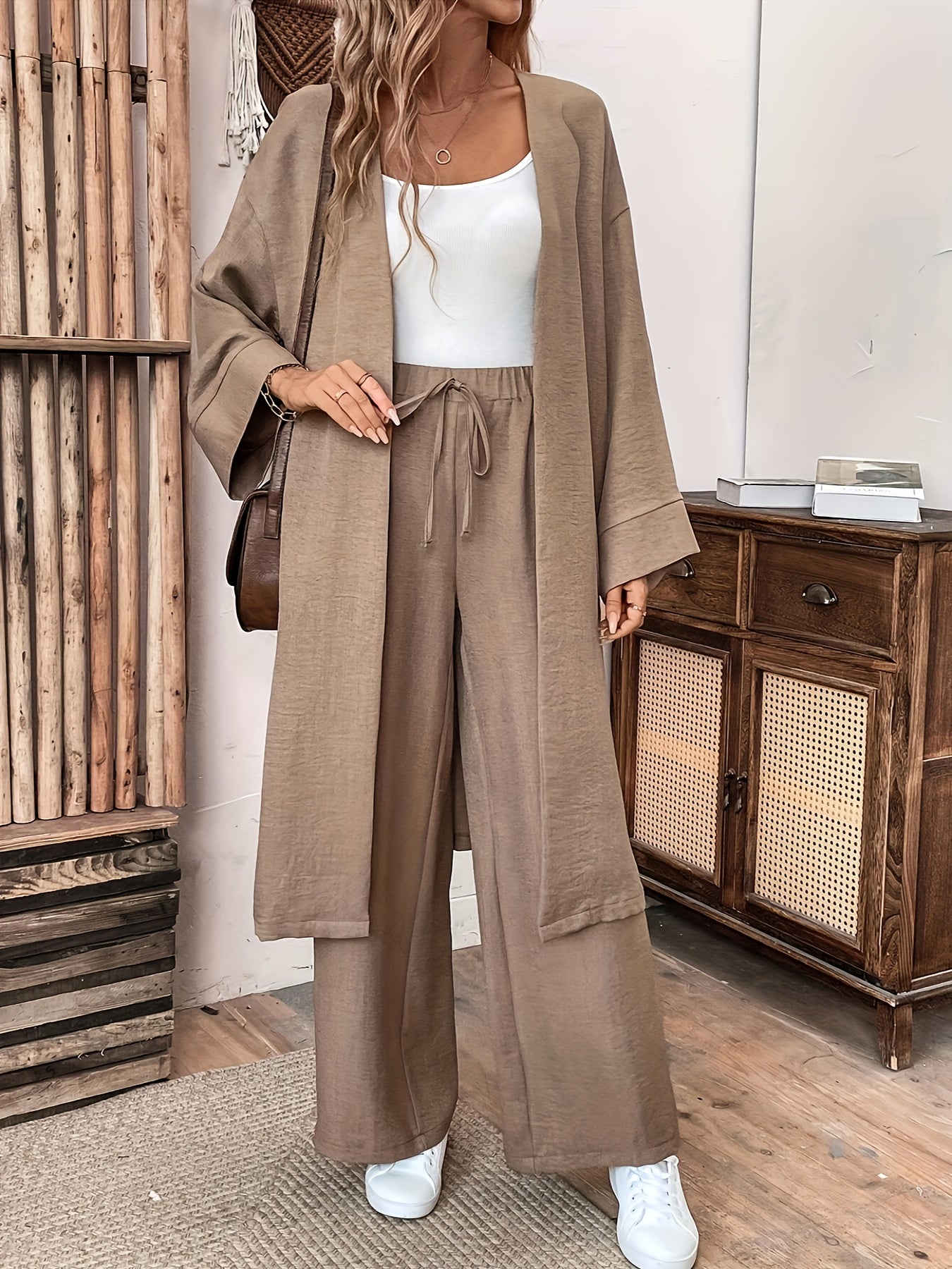 Women's Casual Loose Fit Shirt and Pants Set, Elegant Solid Color Long Sleeve Button-Up with Wide Leg Trousers, Button Detailing|Relaxed Fit|Buttonup Jacket